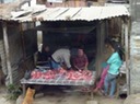 Well trained dog at the meat shop